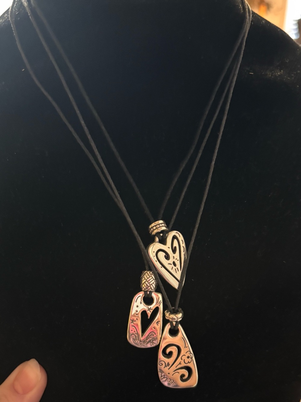 New Brighton silver triple Heart Pendant Layered Necklace Black Cord adjustable